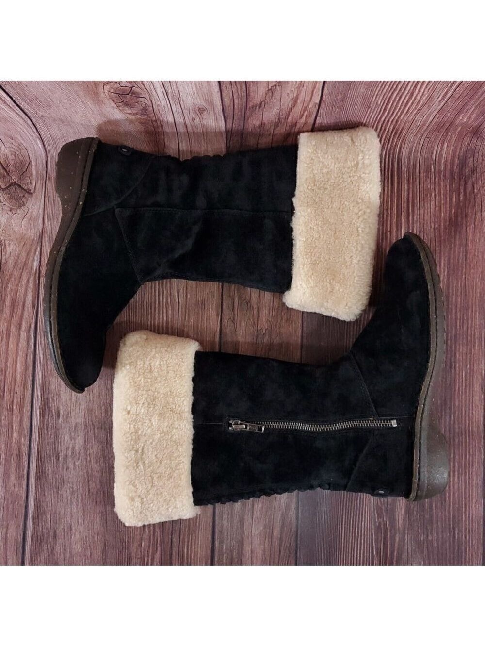 Ugg Karyn Womens Sz 7 Black Suede Leather Mid Calf Cuff Shearling Boots 1005449 - Picture 10 of 16